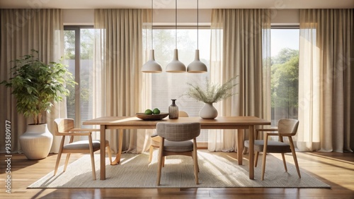 Minimalist morning light pours through sheer curtains onto a sleek solid oak dining table adorned with ceramic vases and woven jute placemats in a airy living space