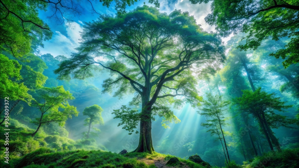 Obraz premium Misty blue skies above, emerald canopies unfolded, ancient trees rise high, a peaceful haven of tranquility, where forest whispers secrets to the soul, all is calm, all is well.