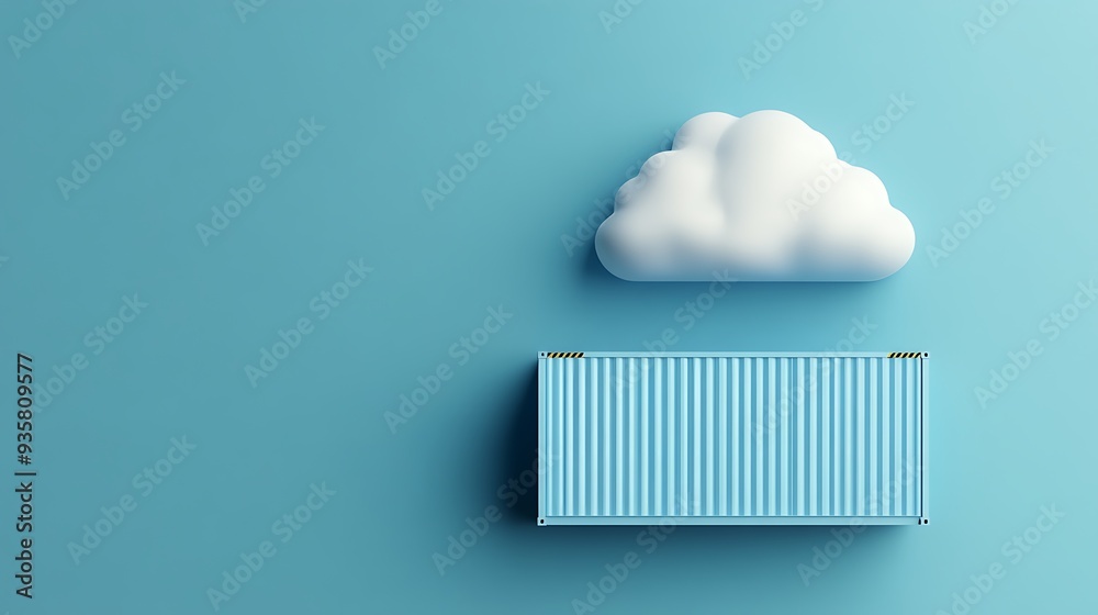 Minimalistic cloud and shipping container on blue background. Conceptual representation of cloud storage and logistics.