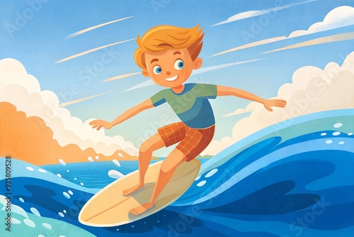 a boy surfing a wave on a board.