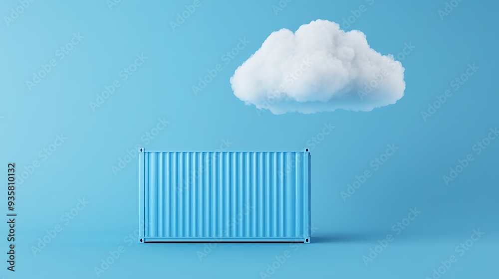 Minimalistic image of a blue shipping container with a white cloud floating above it against a blue background.