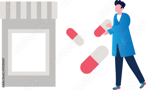 The boy has a bottle of capsules.