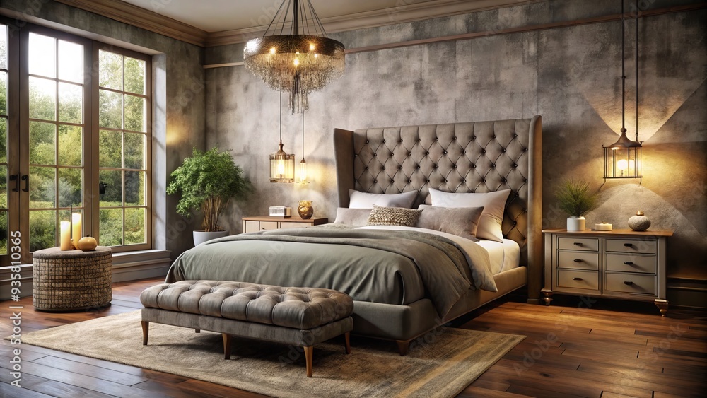 Moody dawn light illuminates plush velvet tufted headboard amidst rustic wooden furniture distressed textures neutral tones accented antique brass hardware serene zen ambiance. Moody dawn light illuminates plush velvet tufted headboard amidst rustic wooden furniture distressed textures neutral tones accented antique brass hardware serene zen ambiance.