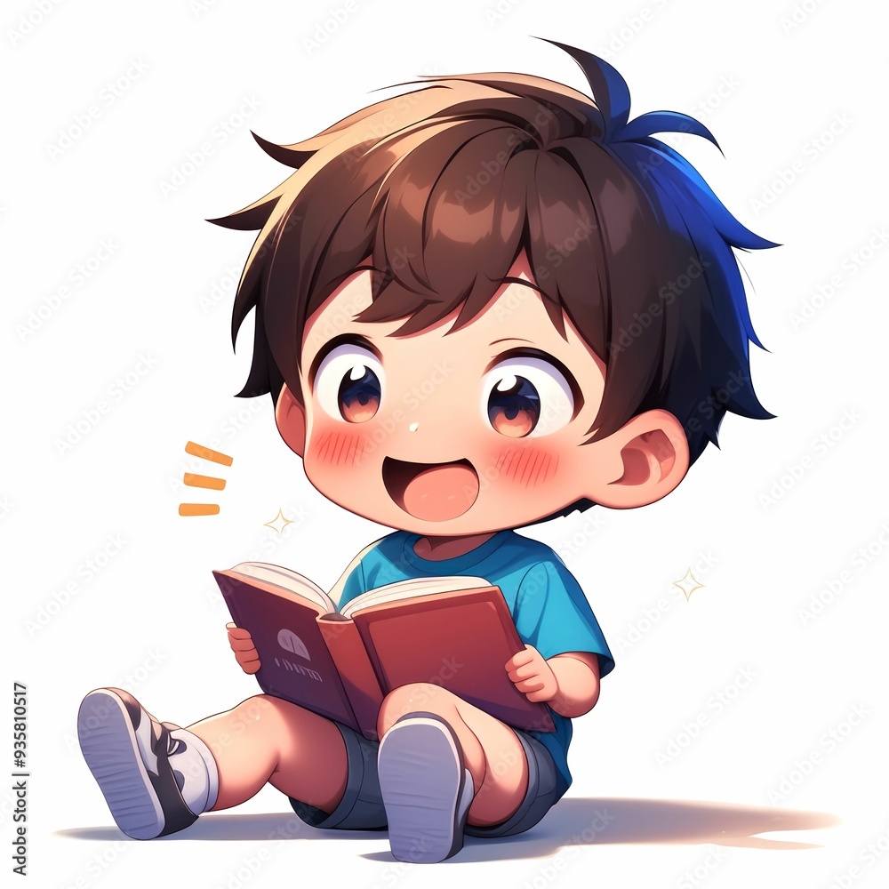 A Young Boy With Brown Hair and Blue Eyes Smiles As He Reads a Book A Young Boy With Brown Hair and Blue Eyes Smiles As He Reads a Book