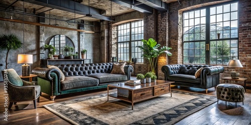 Moody industrial chic in a converted loft, showcasing a reclaimed wood coffee table, metallic accents, and plush velvet armchairs, evoking a sense of luxury and urban grit.