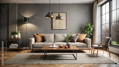 Moody, minimalist Scandinavian-inspired living room, featuring sleek, low-slung sofa, industrial-chic coffee table, and subtle, muted color palette, exuding understated elegance.