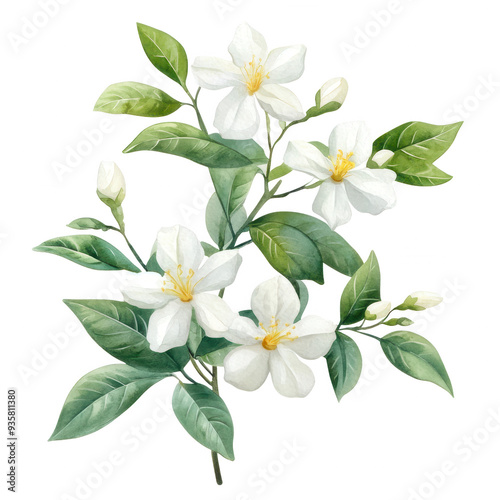 Delicate white flowers with green leaves, symbolizing purity and beauty, perfect for nature-themed designs and artworks.