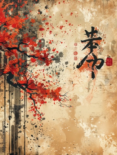 A painting of a tree with red leaves and a Chinese character in the background