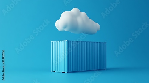 Modern concept image of cloud computing with a shipping container and a floating cloud on a blue background.