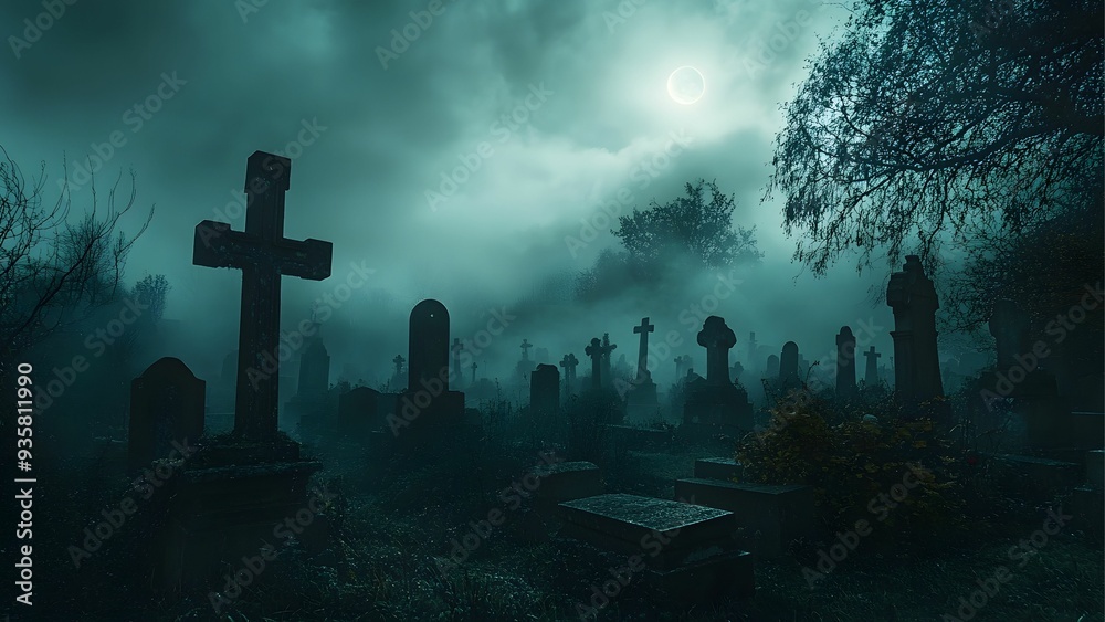 surrounded by tombstones and an eerie, misty atmosphere surrounded by tombstones and an eerie, misty atmosphere