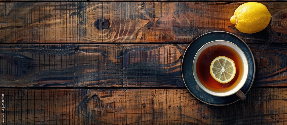 Tea cup with lemon on a wooden table viewed from above. Copy space image. Place for adding text and design