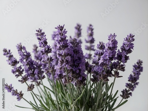 A close up of a bouquet of vibrant lavender flowers against a neutral background