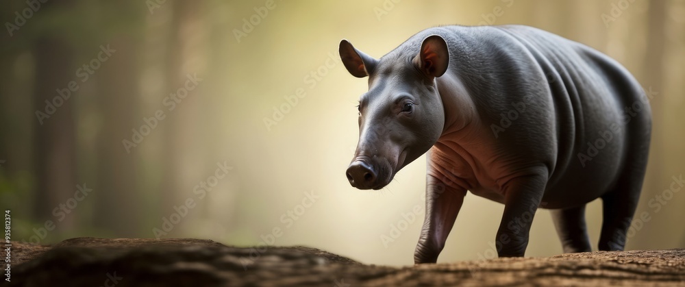 Fototapeta premium A Low-Angle View of a Baird's Tapir Walking in a Forest