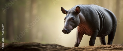 A Low-Angle View of a  Baird's Tapir Walking in a Forest photo