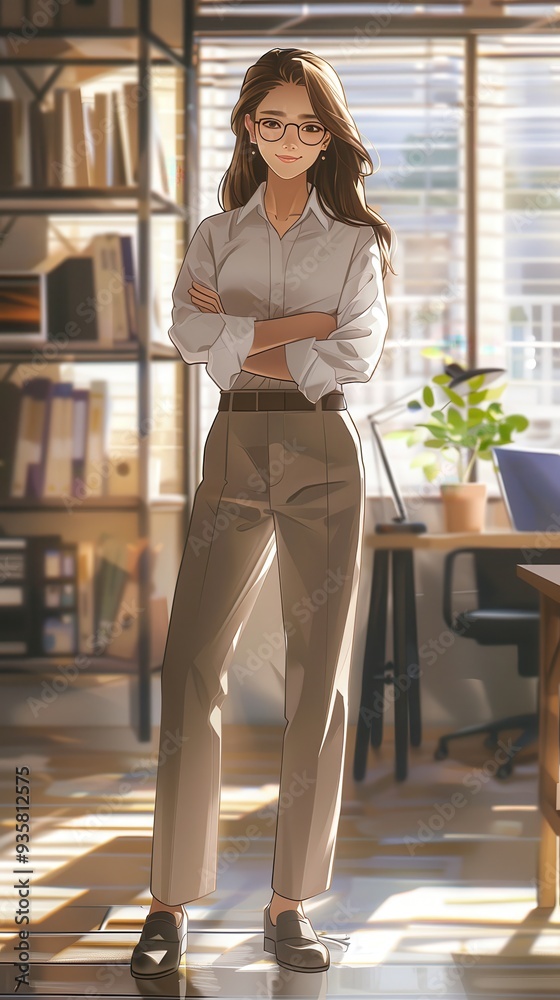 An enthusiastic businesswoman in anime style stands in an office, radiating confidence and success in her professional attire An enthusiastic businesswoman in anime style stands in an office, radiating confidence and success in her professional attire