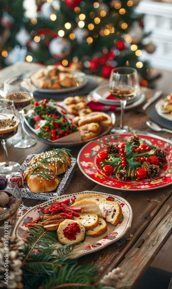 The Christmas dinner table is adorned with an array of delicious dishes, including festive cookies and hearty rolls, under twinkling lights and vibrant decorations The Christmas dinner table is adorned with an array of delicious dishes, including festive cookies and hearty rolls, under twinkling lights and vibrant decorations