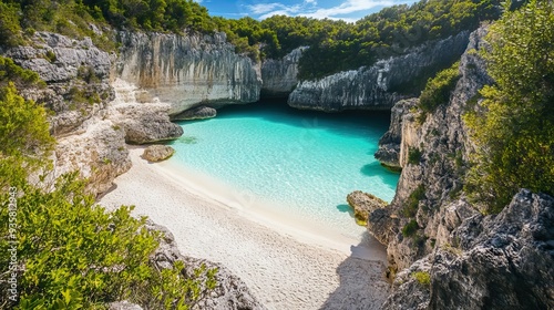 Secluded Cove with Turquoise Waters and White Sandy Shores, Nestled Among Towering Cliffs and Lush Vegetation. AI generated illustration