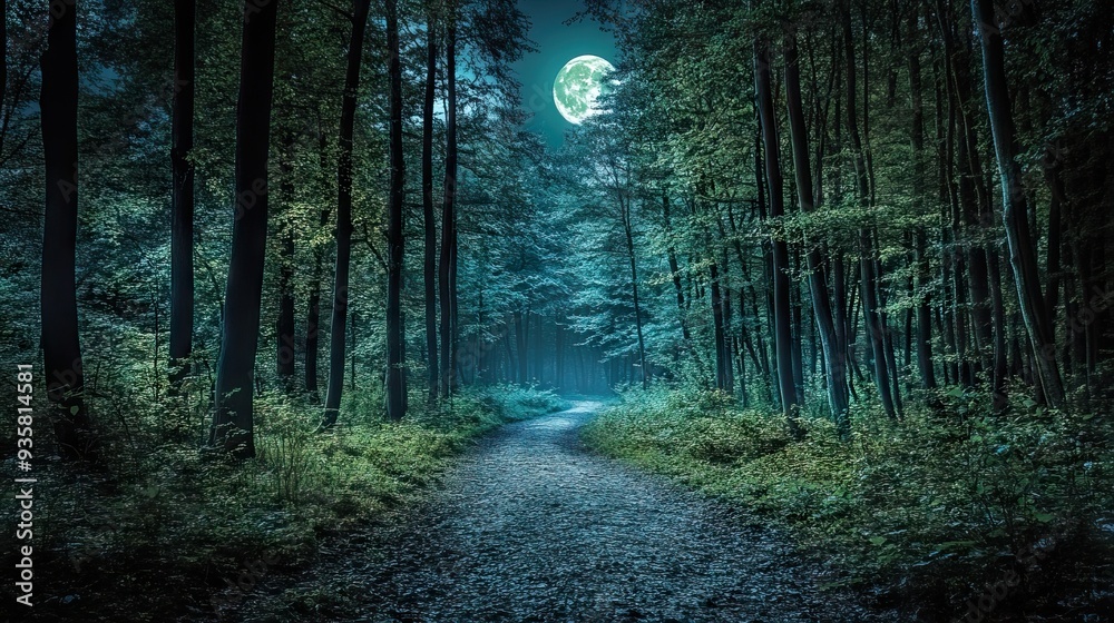 Moonlit Path Through a Dense Forest with Tall Trees and Patches of Moonlight Illuminating the Way. AI generated illustration Moonlit Path Through a Dense Forest with Tall Trees and Patches of Moonlight Illuminating the Way. AI generated illustration