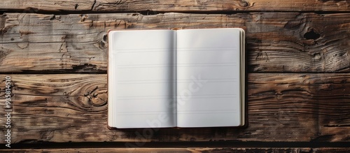 Blank notebook mockup on a wooden background. Copy space image. Place for adding text and design photo