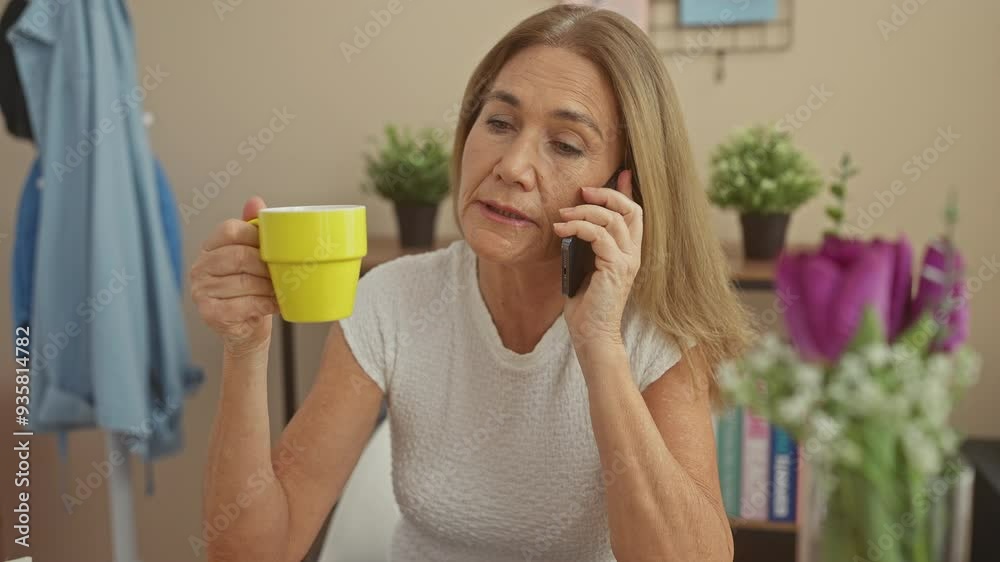 A mature woman converses on a mobile phone while holding a yellow cup in a cozy home setting. A mature woman converses on a mobile phone while holding a yellow cup in a cozy home setting.