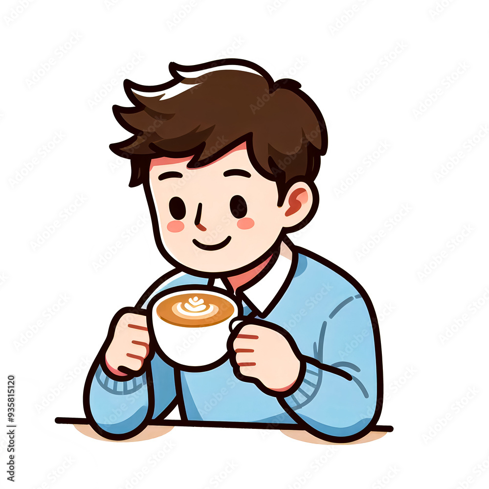Vector illustration of a young boy drinking hot coffee in a glass in good mood on a white background. Vector illustration of a young boy drinking hot coffee in a glass in good mood on a white background.