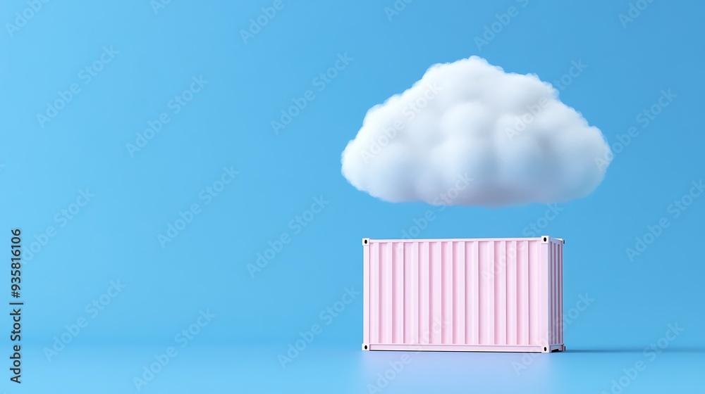 Sky blue background with a white cloud and a pink shipping container below. Minimalist, conceptual design representing logistics and cloud storage. Sky blue background with a white cloud and a pink shipping container below. Minimalist, conceptual design representing logistics and cloud storage.