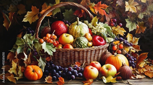 A bounty of autumn's harvest, ripe fruits nestled within a rustic wicker basket, a vibrant tapestry of colors and textures.