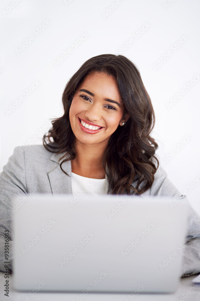 Portrait, employee and woman with laptop, smile and finance clerk on white studio background. Face, happy person and consultant with pc, online system or accounting report with internet or connection Portrait, employee and woman with laptop, smile and finance clerk on white studio background. Face, happy person and consultant with pc, online system or accounting report with internet or connection