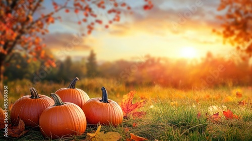 Pumpkins On Grass In Field With Trees And Sunset Background - Thanksgiving/Harvest with generative ai