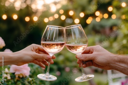 A celebratory toast is made with rose wine and champagne alcohol. Party outdoors. Summer office party. Outdoor celebration of a social event with Prosecco and rose wine.