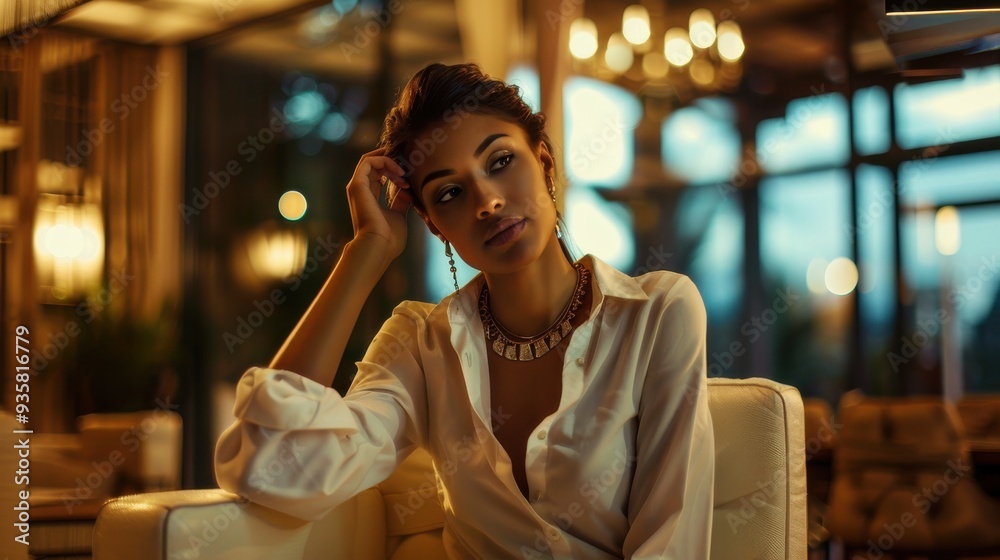 Thoughtful Woman in a Contemporary Lounge Thoughtful Woman in a Contemporary Lounge