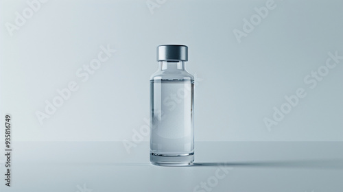 A vial of clear liquid standing upright on a plain white background