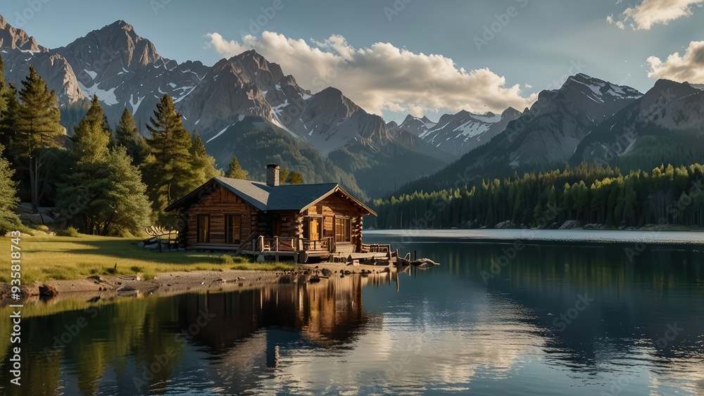Fototapeta premium A rustic, log cabin surrounded by towering mountains and a serene lake, perfect for a peaceful getaway.