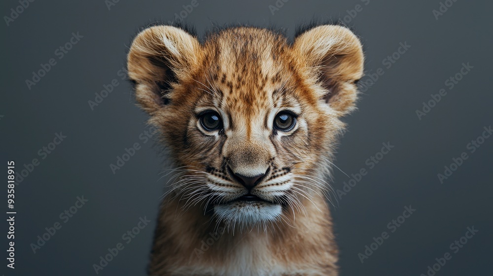 Fototapeta premium Close-up portrait of a cute baby lion cub with fluffy golden fur looking directly forward against a solid dark gray studio background.