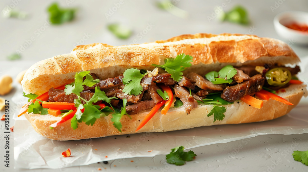 A Freshly Made Banh Mi Sandwich with Crispy Baguette A Freshly Made Banh Mi Sandwich with Crispy Baguette