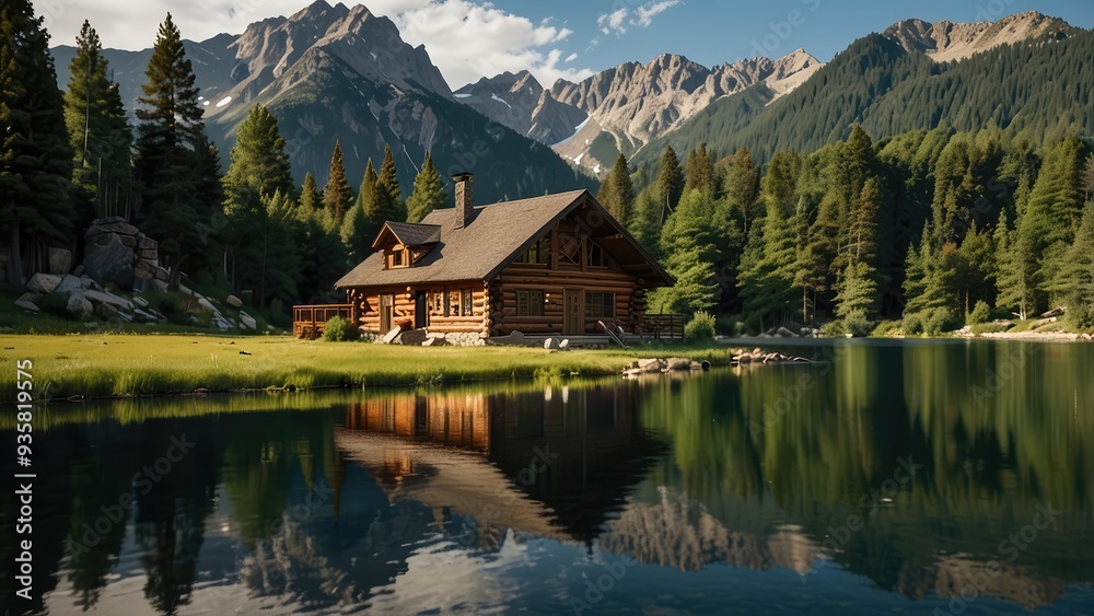 Fototapeta premium A rustic, log cabin surrounded by towering mountains and a serene lake, perfect for a peaceful getaway.