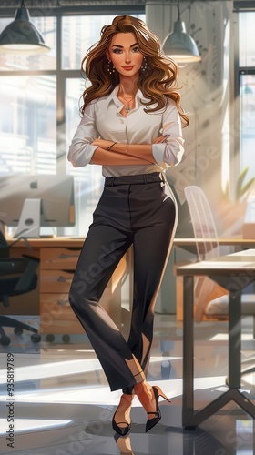 A confident businesswoman stands with her arms crossed in a bright office, showcasing her success and happiness