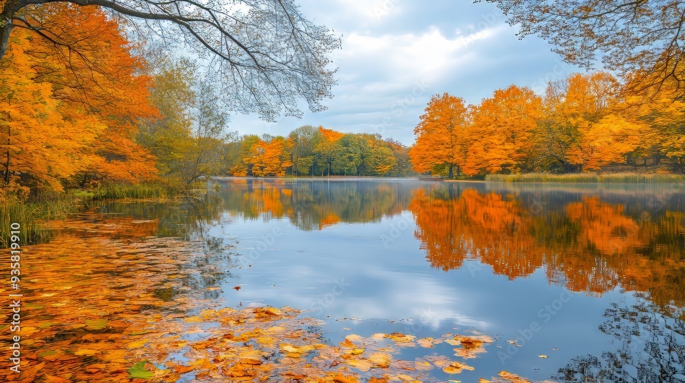 Fototapeta premium Golden leaves reflected in still lake waters create a serene autumn landscape.