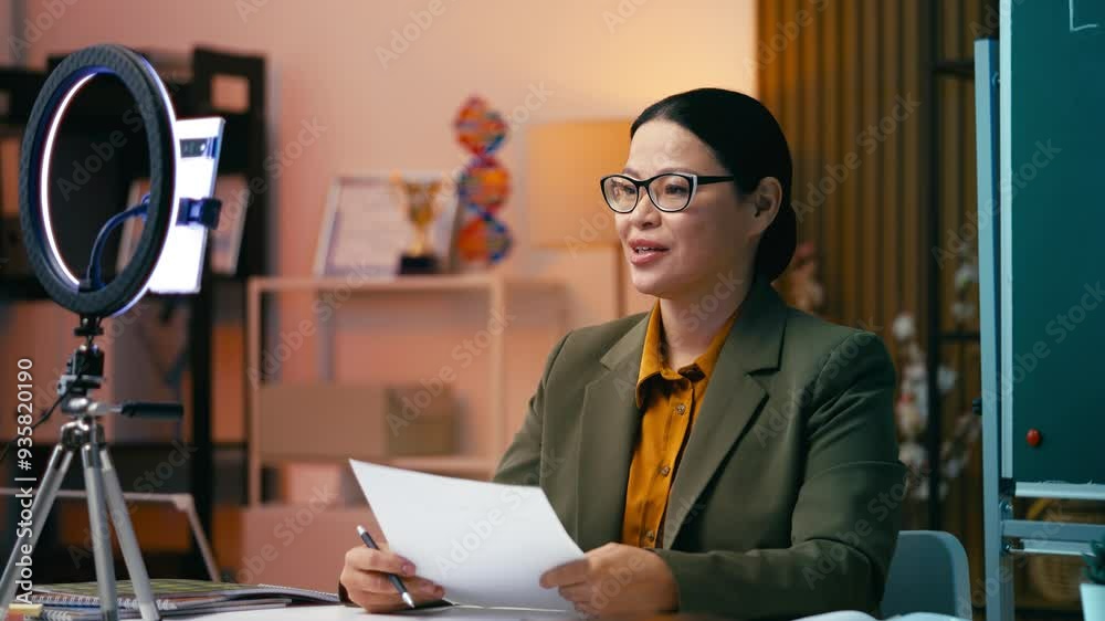Happy Asian teacher in her 50s recording video lesson for social media, blogger Happy Asian teacher in her 50s recording video lesson for social media, blogger