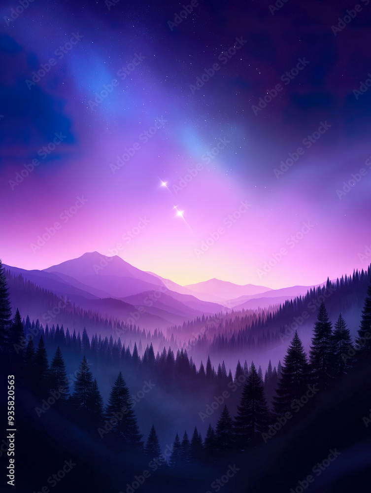 flat illustration of dreamy starry sky with silhouette of mountains at night flat illustration of dreamy starry sky with silhouette of mountains at night