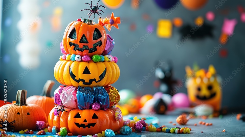 Whimsical Halloween Pumpkin and Candy Tower with Jack-O'-Lanterns and Colorful Sweets Whimsical Halloween Pumpkin and Candy Tower with Jack-O'-Lanterns and Colorful Sweets