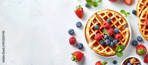 Breakfast featuring freshly baked Belgian waffles on a white background with copyspace Culinary idea Nutritious dessert summer season