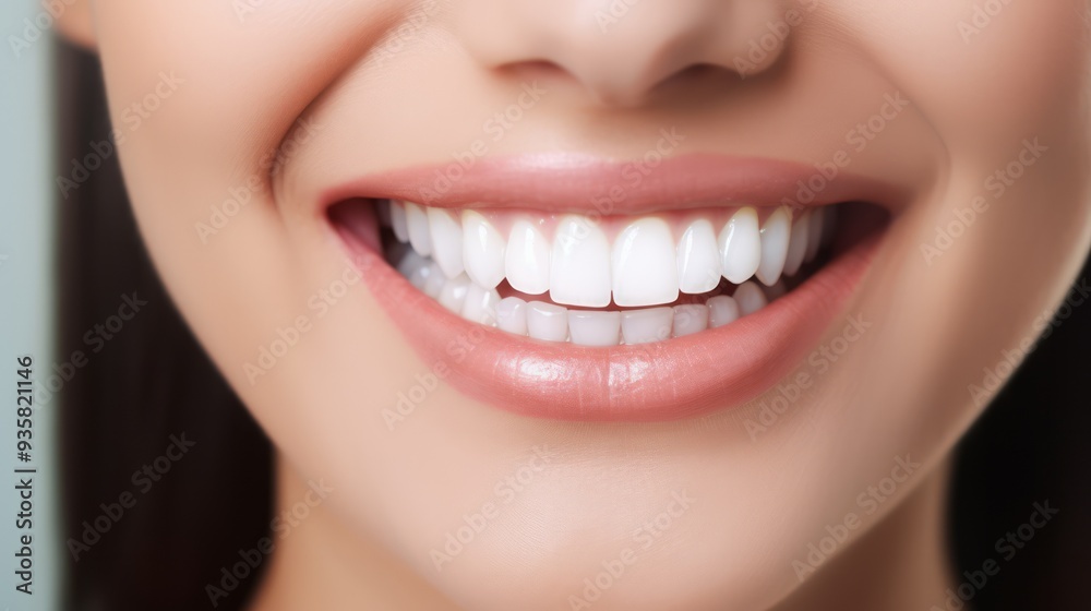 Fototapeta premium Beautiful female smile after teeth whitening procedure. Dental care. Dentistry concept. Neural network ai generated art