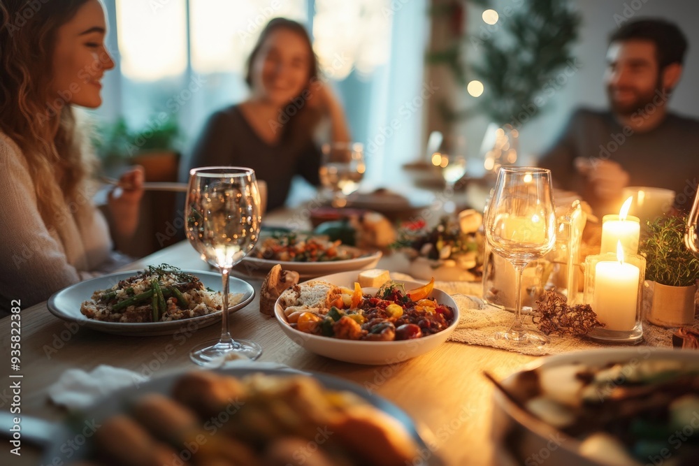 A group of friends is enjoying a warm and cozy dinner together, sharing food and stories around a table decorated with candles, creating a friendly atmosphere. A group of friends is enjoying a warm and cozy dinner together, sharing food and stories around a table decorated with candles, creating a friendly atmosphere.
