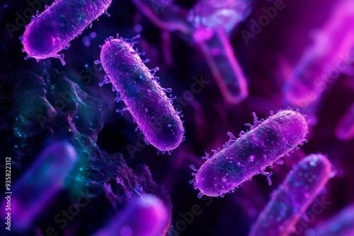 Highly magnified purple bacteria in a vivid context, showcasing their intricate structures and role in scientific studies, health, and medical research. photo