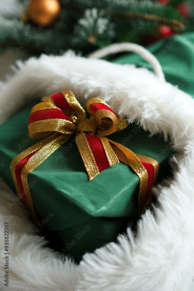 A green gift box with a golden ribbon in fur bag A green gift box with a golden ribbon in fur bag