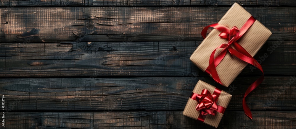 Gifts tied with a red ribbon on a wooden table Vintage gift box on a wooden surface with space for text. Copy space image. Place for adding text and design Gifts tied with a red ribbon on a wooden table Vintage gift box on a wooden surface with space for text. Copy space image. Place for adding text and design