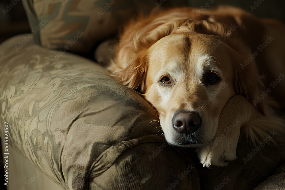 Obraz premium Golden Retriever Resting on Sofa - Cozy Living Room Decor