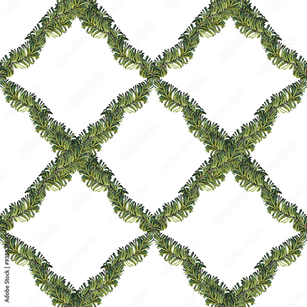 Christmas green fresh fir branches. Modern seamless pattern. Watercolor botanical illustration isolated on white background. Ornament template for fabric textile, wrapping paper, wallpaper, scrapbook Christmas green fresh fir branches. Modern seamless pattern. Watercolor botanical illustration isolated on white background. Ornament template for fabric textile, wrapping paper, wallpaper, scrapbook