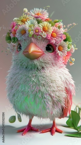 Photo-Realistic Vray Tracing of a Cute Bird with a Floral Hairdo: A Light Pink and Light Green Palette Blends with Babycore Aesthetics and Tanbi Kei Style, Featuring a Bird Adorned in Colorful Costume photo